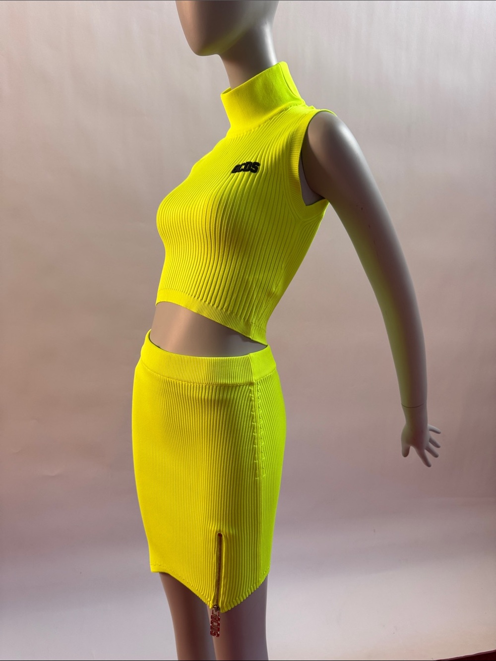 GCDS Neon Yellow Ribbed Knit Crop Top and Skirt Set Size M NWOT